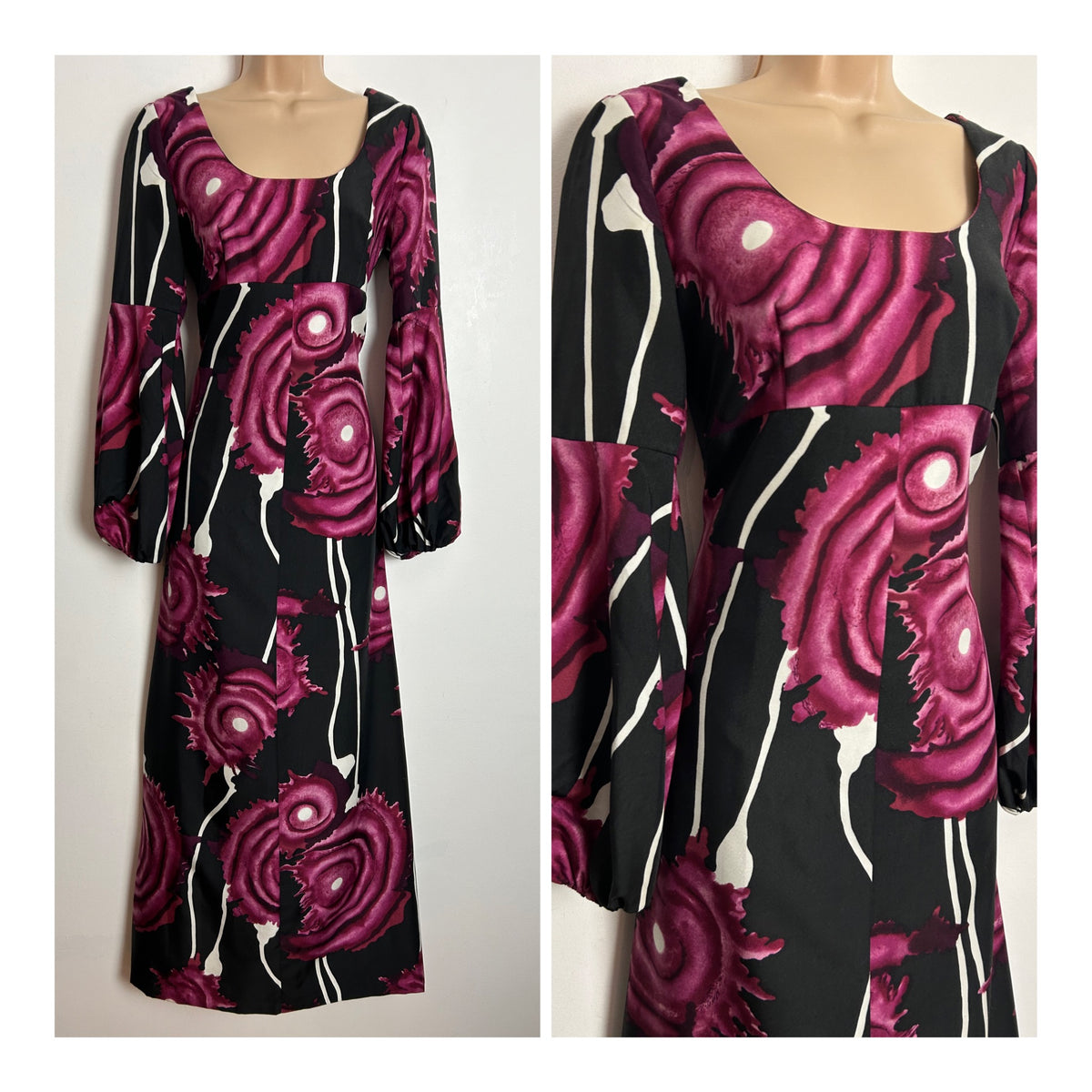 Vintage 1970s Size 8 Black Plum & Dark Pink  Abstract Print Long Sleeve Maxi Dress