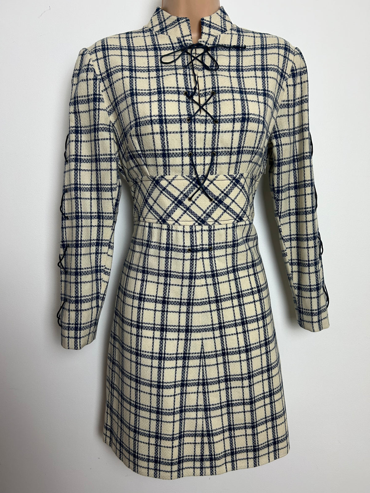 Vintage 1960s Size 8 Cream & Blue Check Pattern Wool Long Sleeve Lace Up Detail Mod Dress
