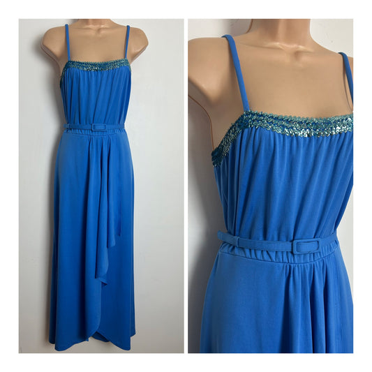 Vintage Late 1970s RICHARD SHOPS Size 8-10 Sky Blue Sequin Trim Strappy Belted Occasion Maxi Dress