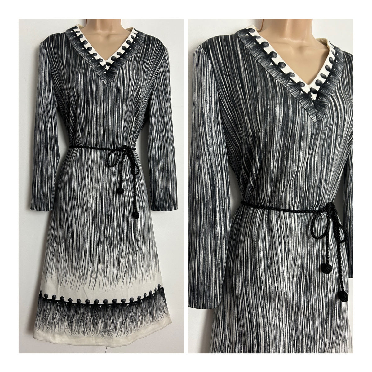 Vintage 1970s UK Size 14 Black White & Grey Abstract Stripe Print Long Sleeve Belted Day Dress