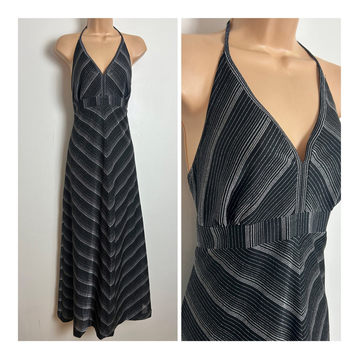 Vintage 1970s Size 10 Black & Silver Chevron Stripe Print Halter Neck Evening Maxi Dress
