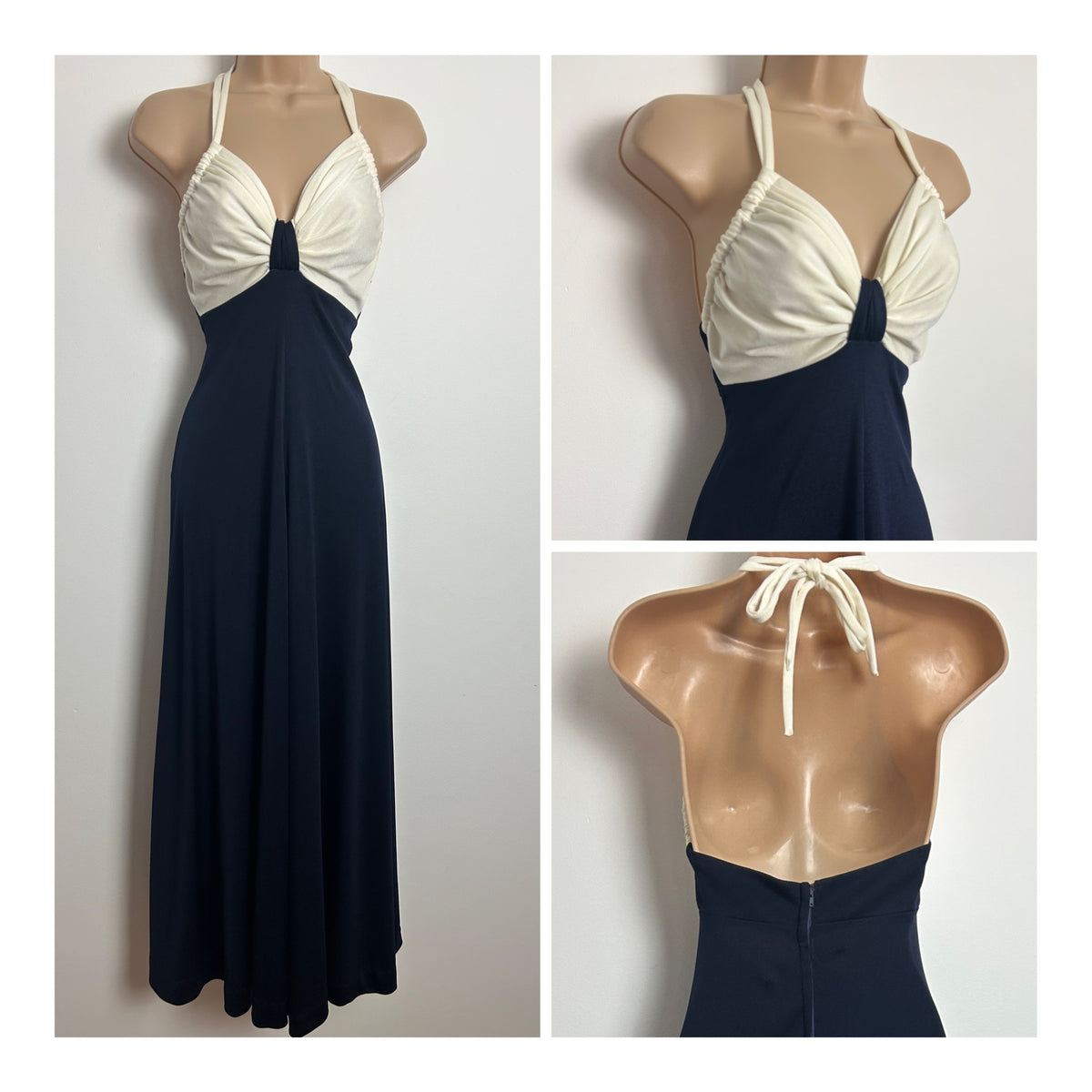 Vintage 1970s JOHN MARKS BY ANNE TYRRELL Size 6 Navy Blue & Cream Halter Summer Occasion Maxi Dress
