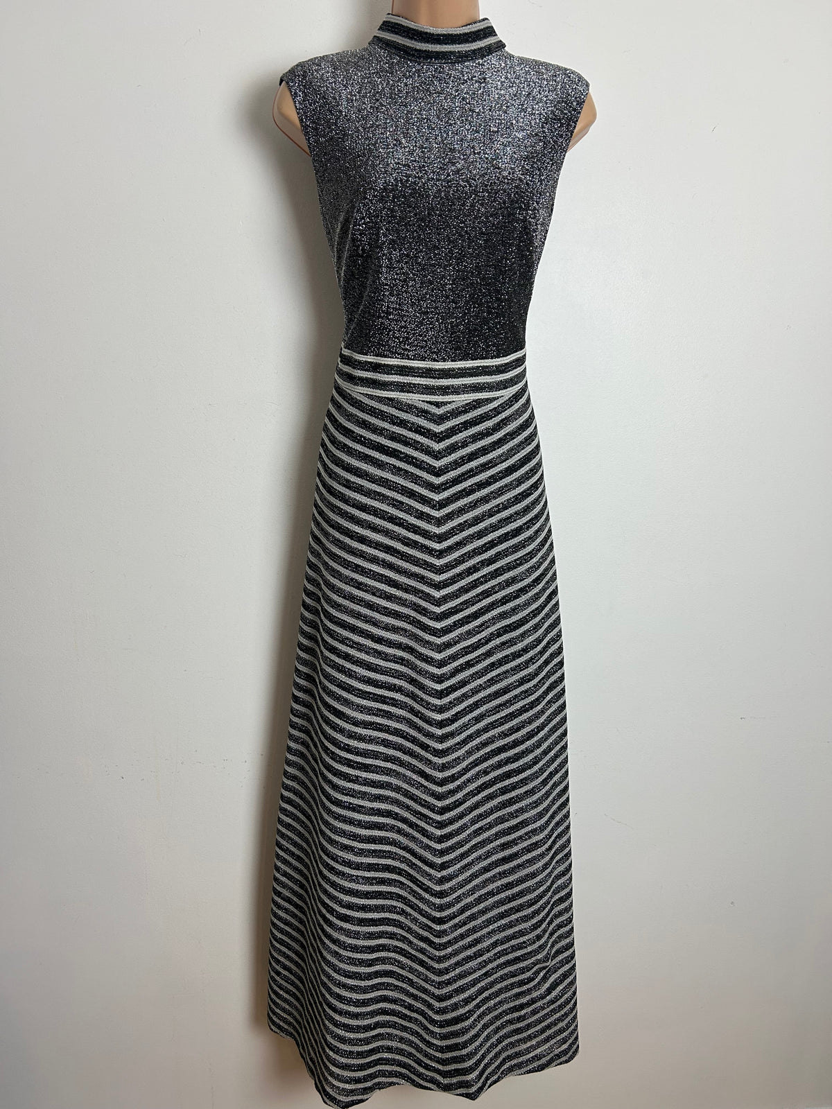Vintage 1970s Size 12 Black & Silver Lurex Stripe Print Sleeveless Evening Maxi Dress