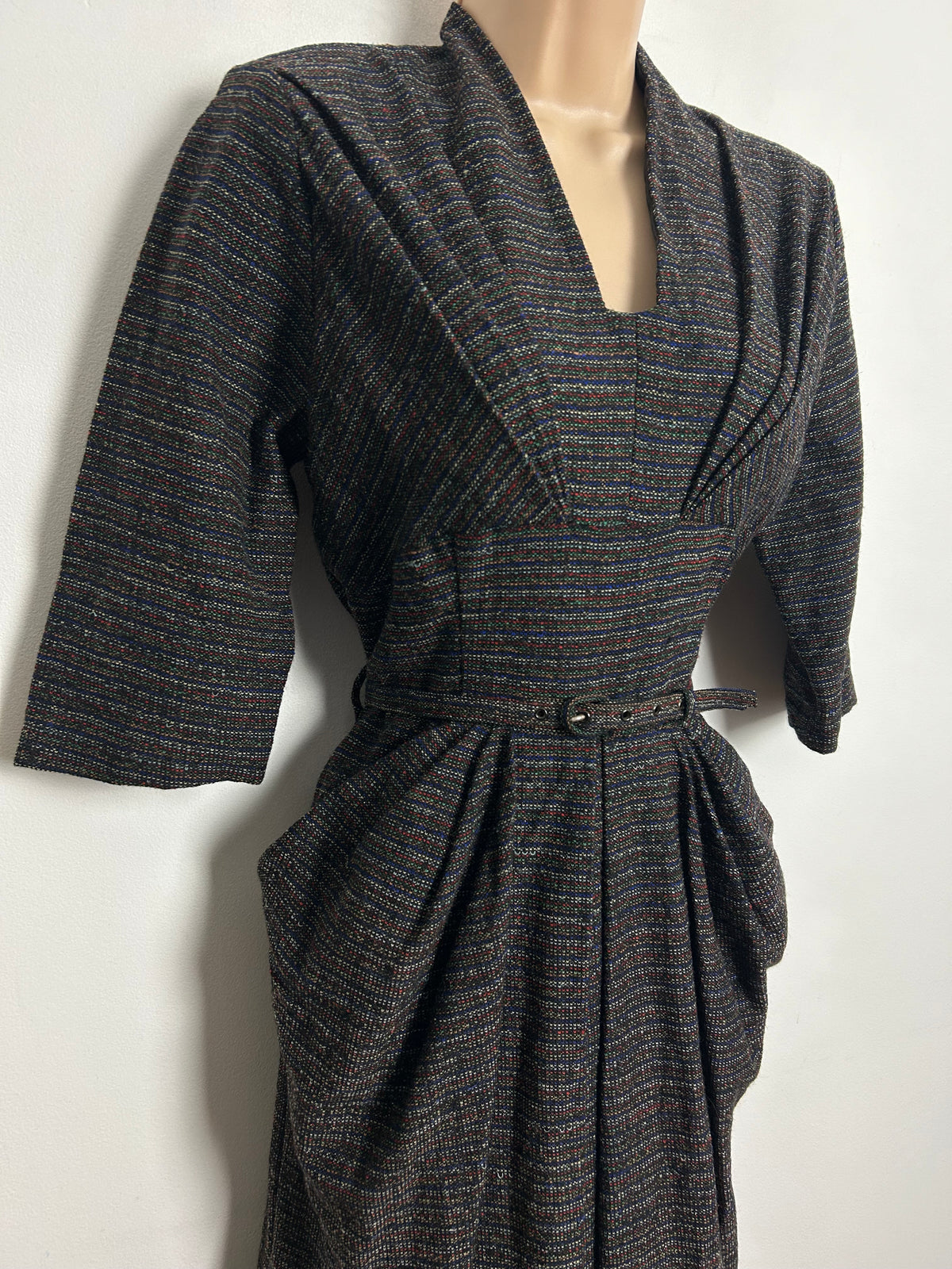 Vintage 1940s Rare BRILKIE MODELS UK Size 10 Black Mix Woven Wool Belted Pleated Wartime Era Dress