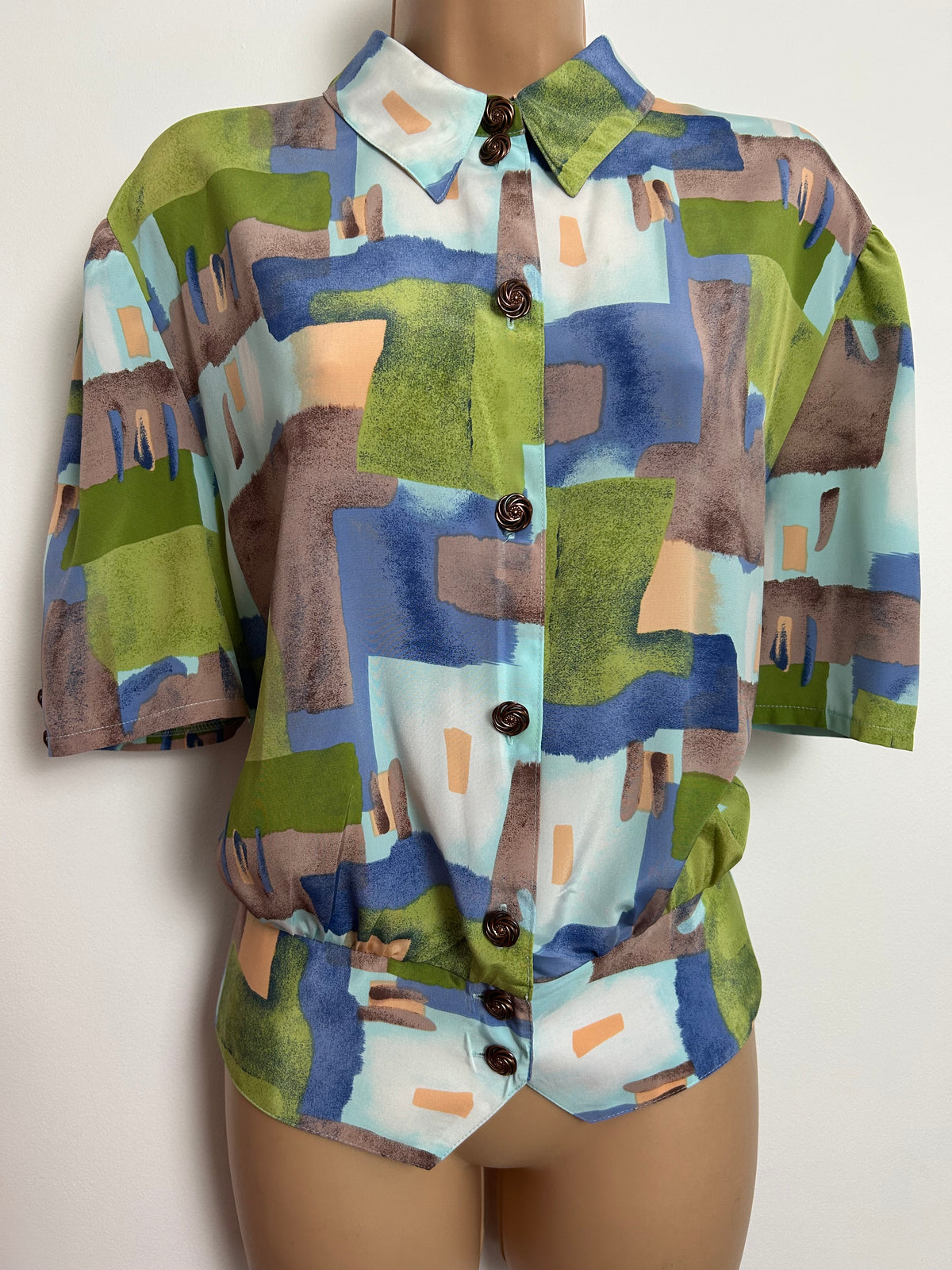 Vintage 1980s Size 16-18 Green Blue & Brown Abstract Print Peplum Waist Blouse