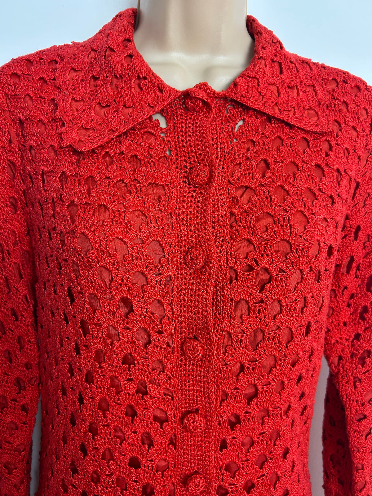 Vintage 1960s VERY RARE KLESHIE BELLMAN Size 12 Hand Made 100% Wool Red Crochet Skirt Suit