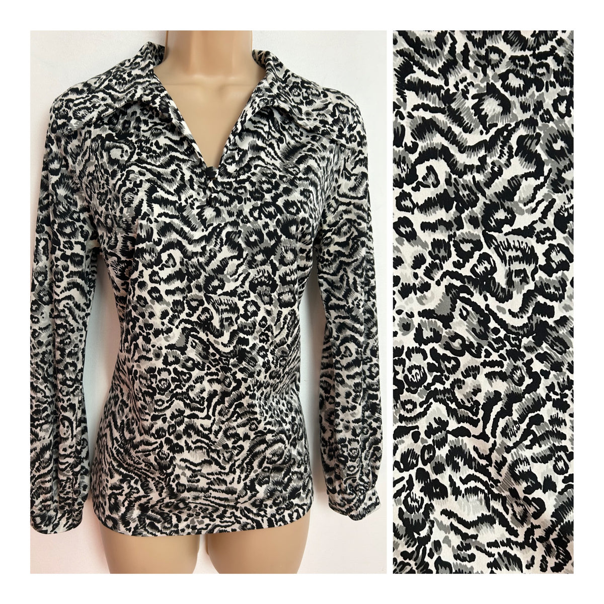 Vintage 1970s UK Size 8-10 Black White & Grey Leopard Animal Print Long Sleeve Blouse Style Shirt