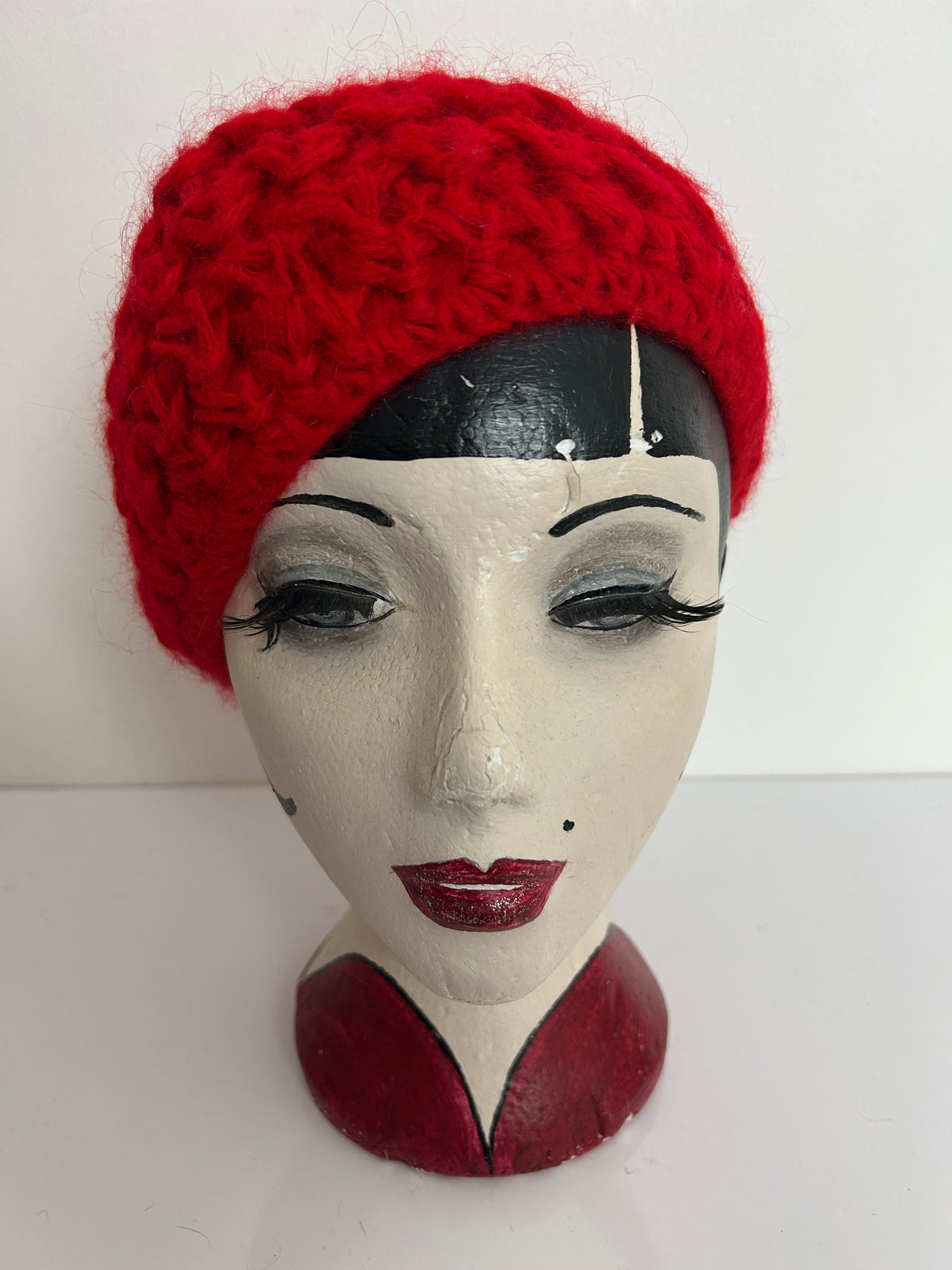 Vintage Red Wool & Angora Chunk Open Stitch Reversible Beanie Beret Style Hat
