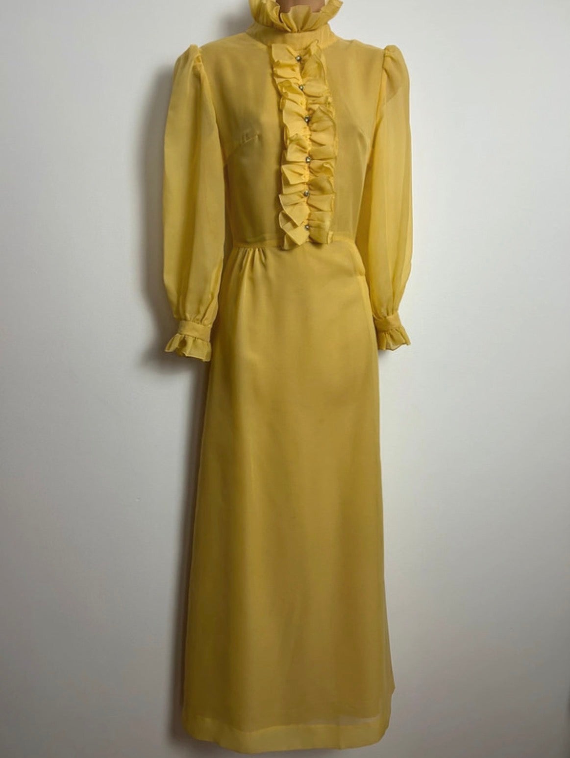 Vintage 1970s Size 6-8 Mustard Yellow Ruffle Trim Long Sleeve Prairie Maxi Dress