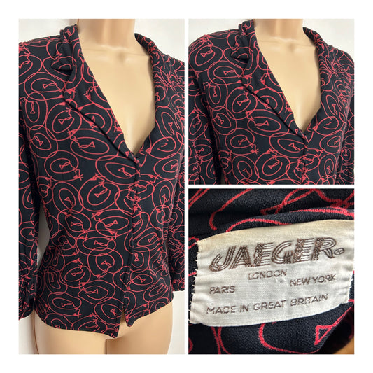 Vintage Late 1970s JAEGER UK Size M (12-14) Black & Red Scribble Print Rayon Long Sleeve Shirt
