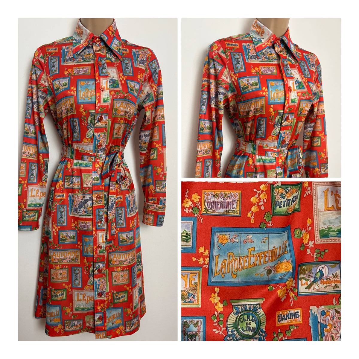 Vintage 1970s SHIRTMAKER Size 10 Red French Postcard Novelty Print Belted Shirt Dress