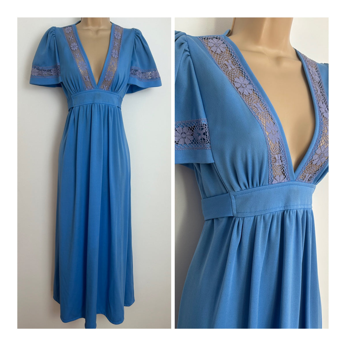 Vintage 1970s RICHARD SHOPS Size 8 Blue Lace Trim Flutter Sleeve Tie Back Maxi Dress