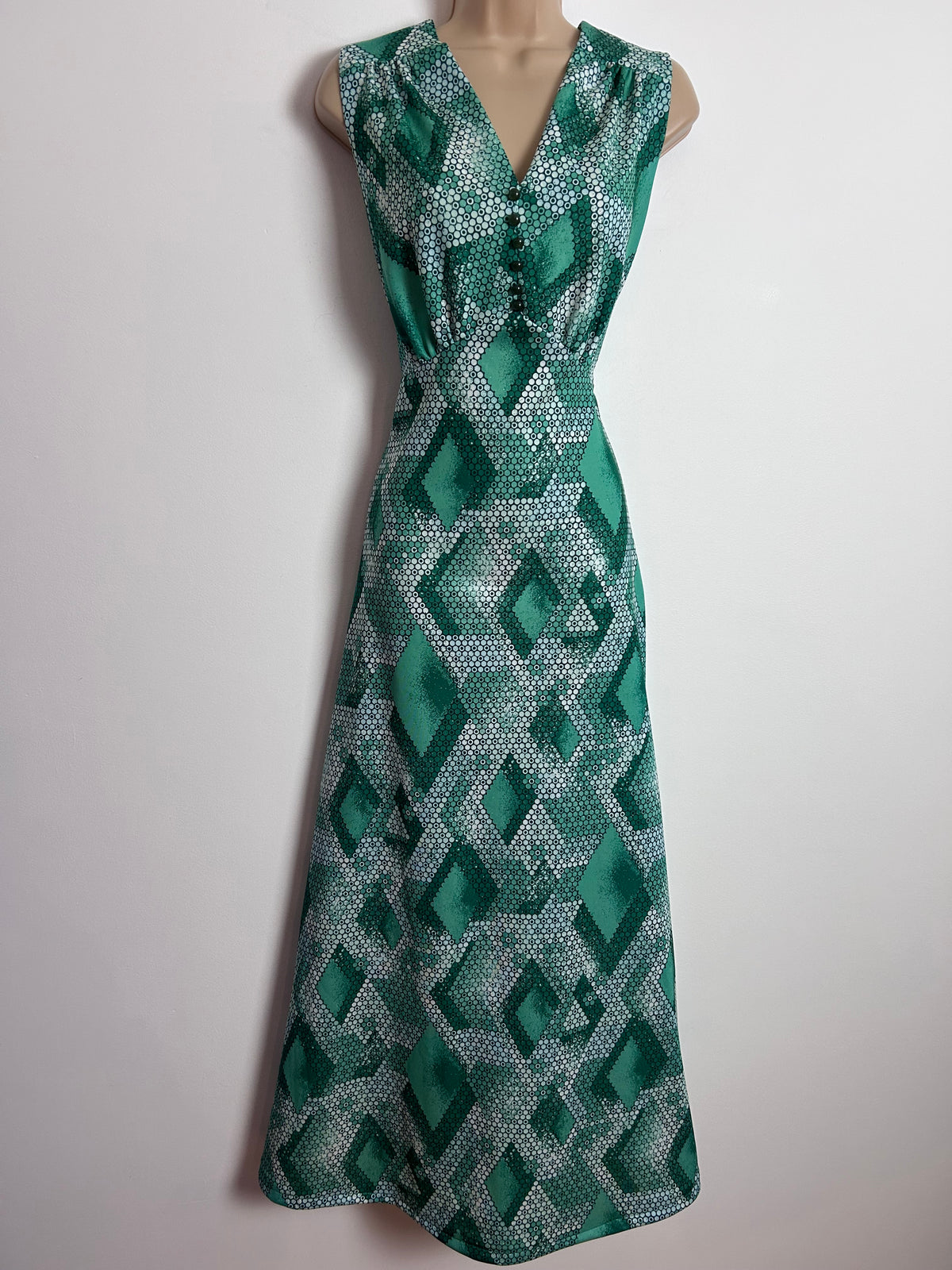 Vintage 1970s ATLANTIC Size 12 Green Tones Circle Diamond Print Sleeveless Maxi Dress