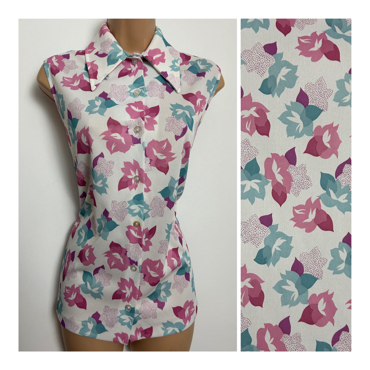 Vintage 1970s SEARS Size 14 White Pink & Blue Leaf Print Sleeveless Dagger Collar Shirt