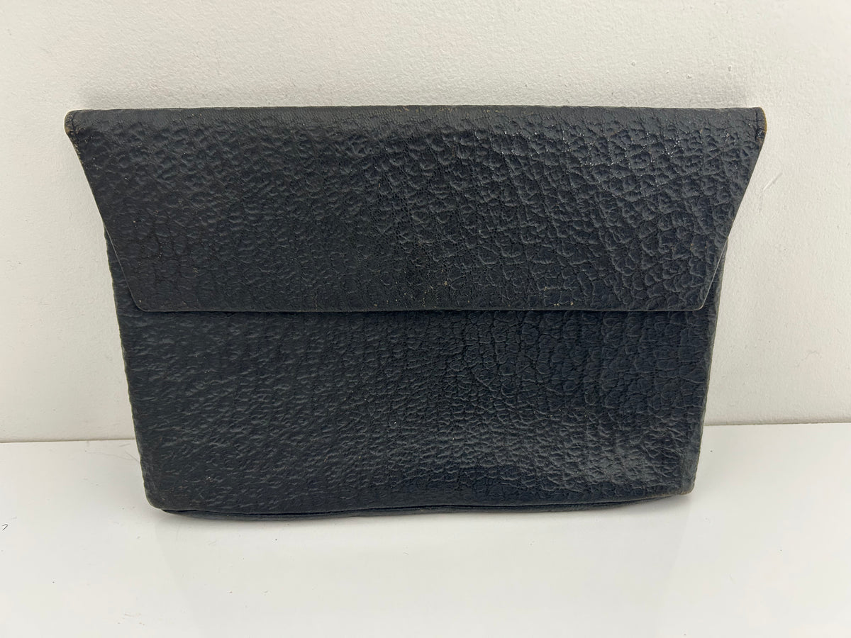 Vintage Late 1940s Black Textured Leather Flap Fastening Finger Strap Clutch Bag
