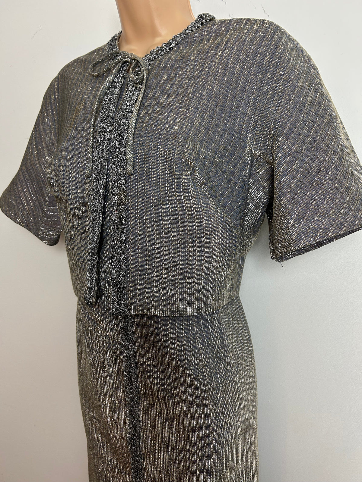 Vintage 1960s BERBRIGHT LONDON Size 12 Silver Lurex Braid Trim Evening Party Dress & Matching Cropped Jacket