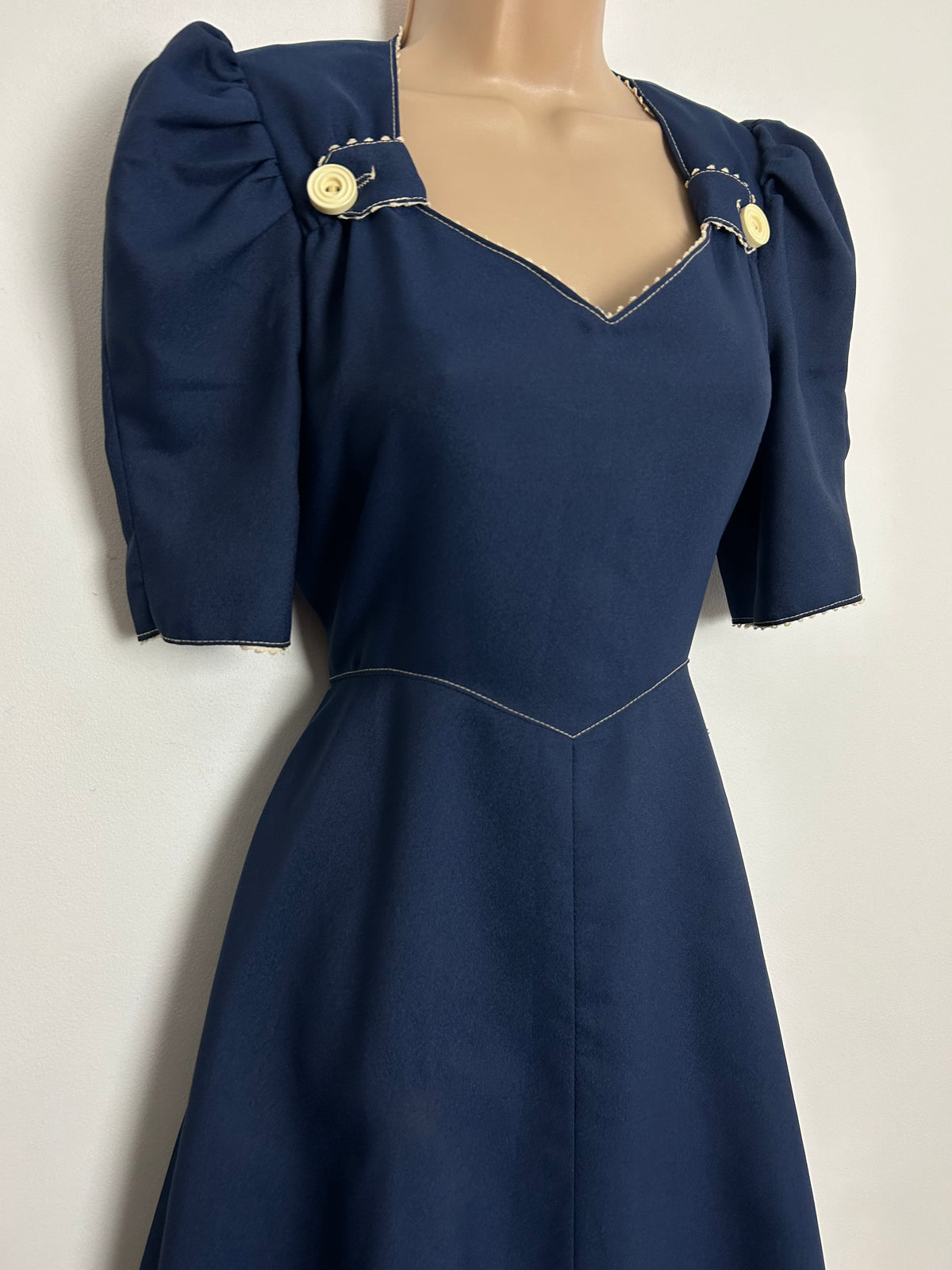 Vintage Early 1970s PETALS UK Size 6-8 Navy Blue Button & Tab Detail Fit & Flare Mod Dolly Dress