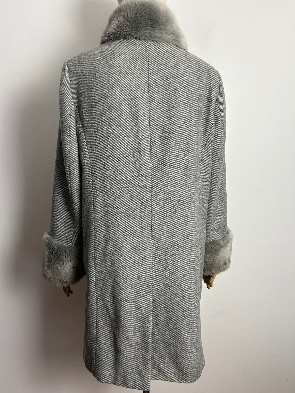 Gorgeous JACQUES VERT Size 14 Grey Wool Mix Faux Fur Trimmed Funnel Neck Double Breasted Coat
