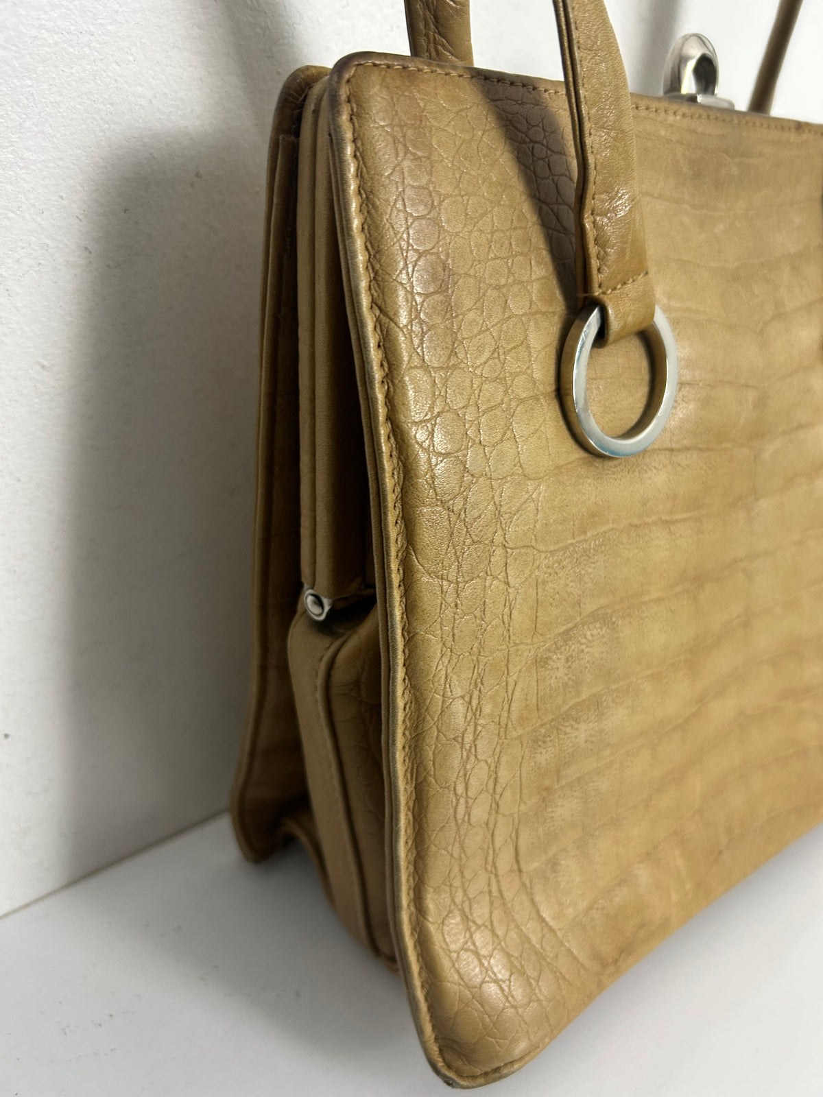 Vintage 50s 60s Beige Leather Double Top Handle Kelly Bag