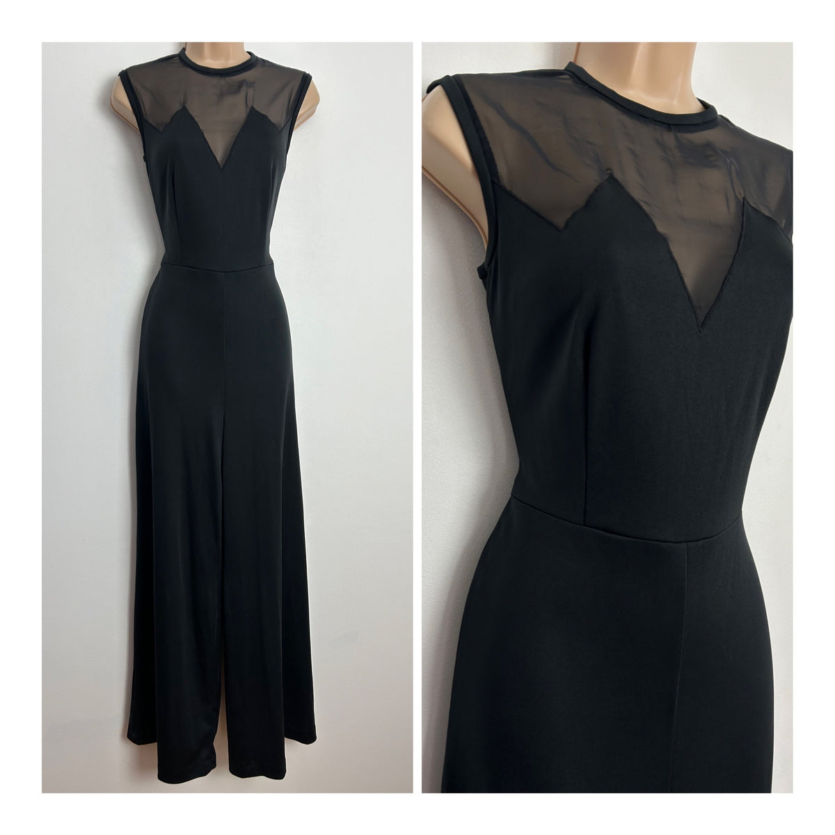 Vintage 1970s MISS DEVONSHIRE UK Size 8 Black Chiffon Panel Sleeveless Wide Leg Jumpsuit