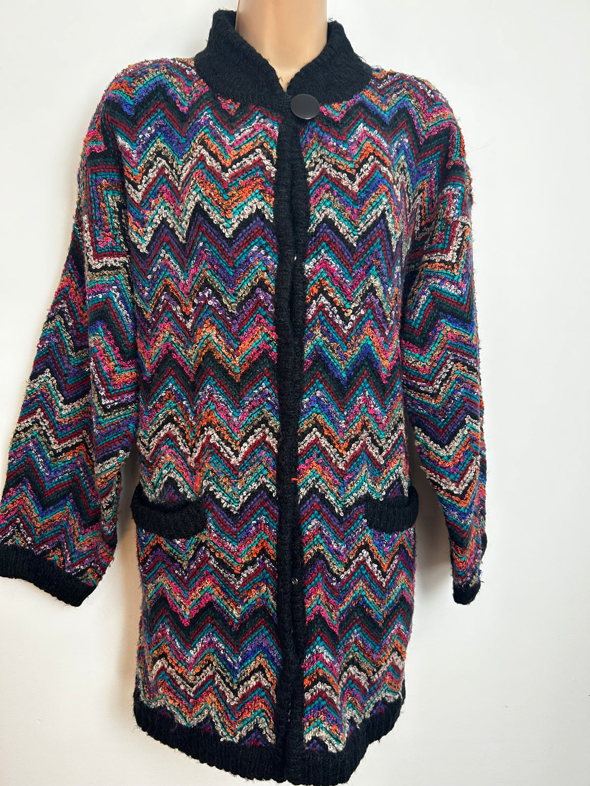 Vintage 1980s Up To Size 16 Black Multicolour Loop Yarn Chunky Knit Slouchy Cardigan
