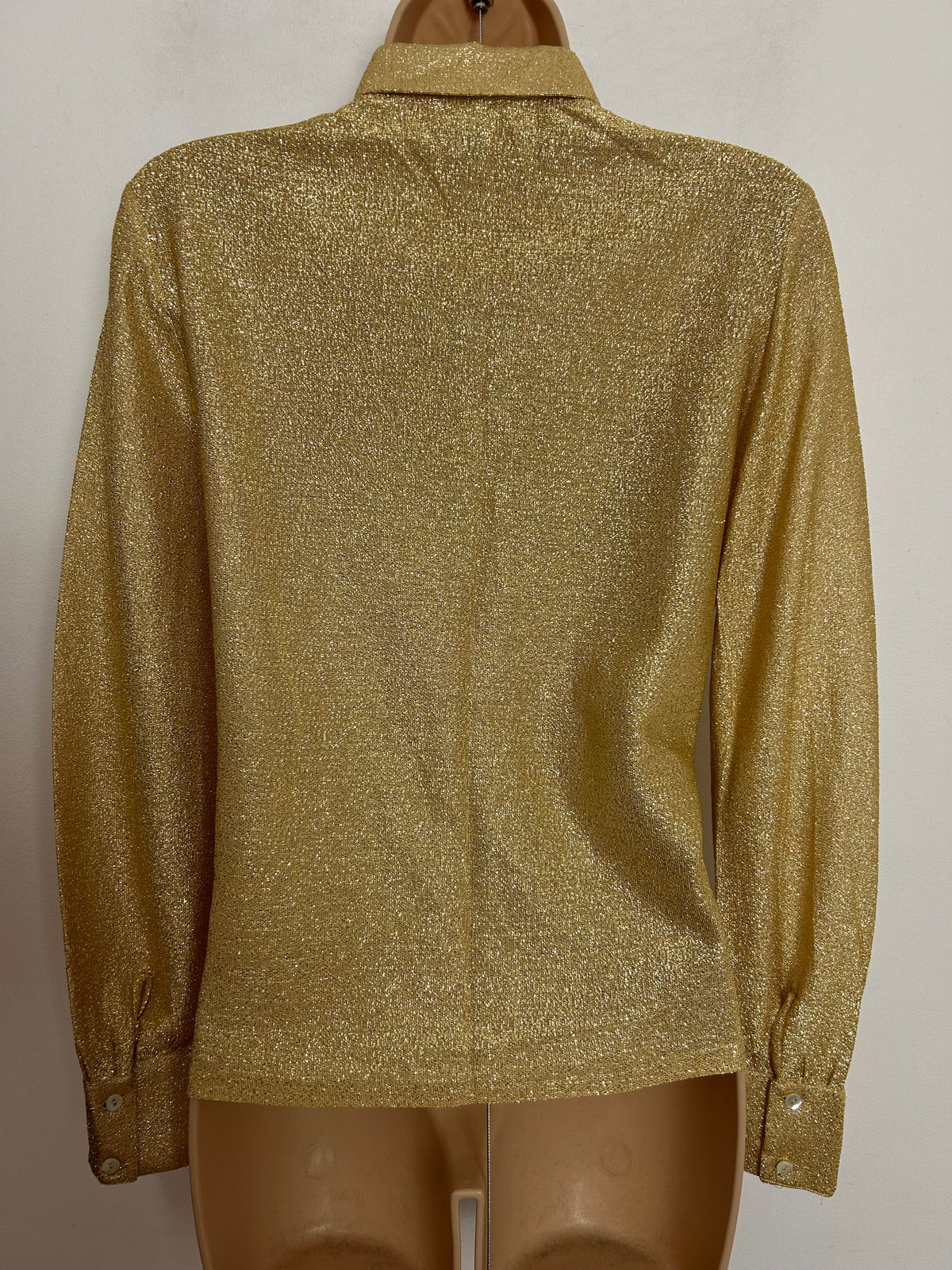 Vintage 1970s UK Size 10-12 Gold Lurex Pocket Detail Long Sleeve Party Shirt