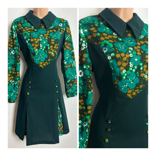 Vintage 1960s Size 12 Dark Green Floral Print Long Sleeve Kick Pleated Mod Dress