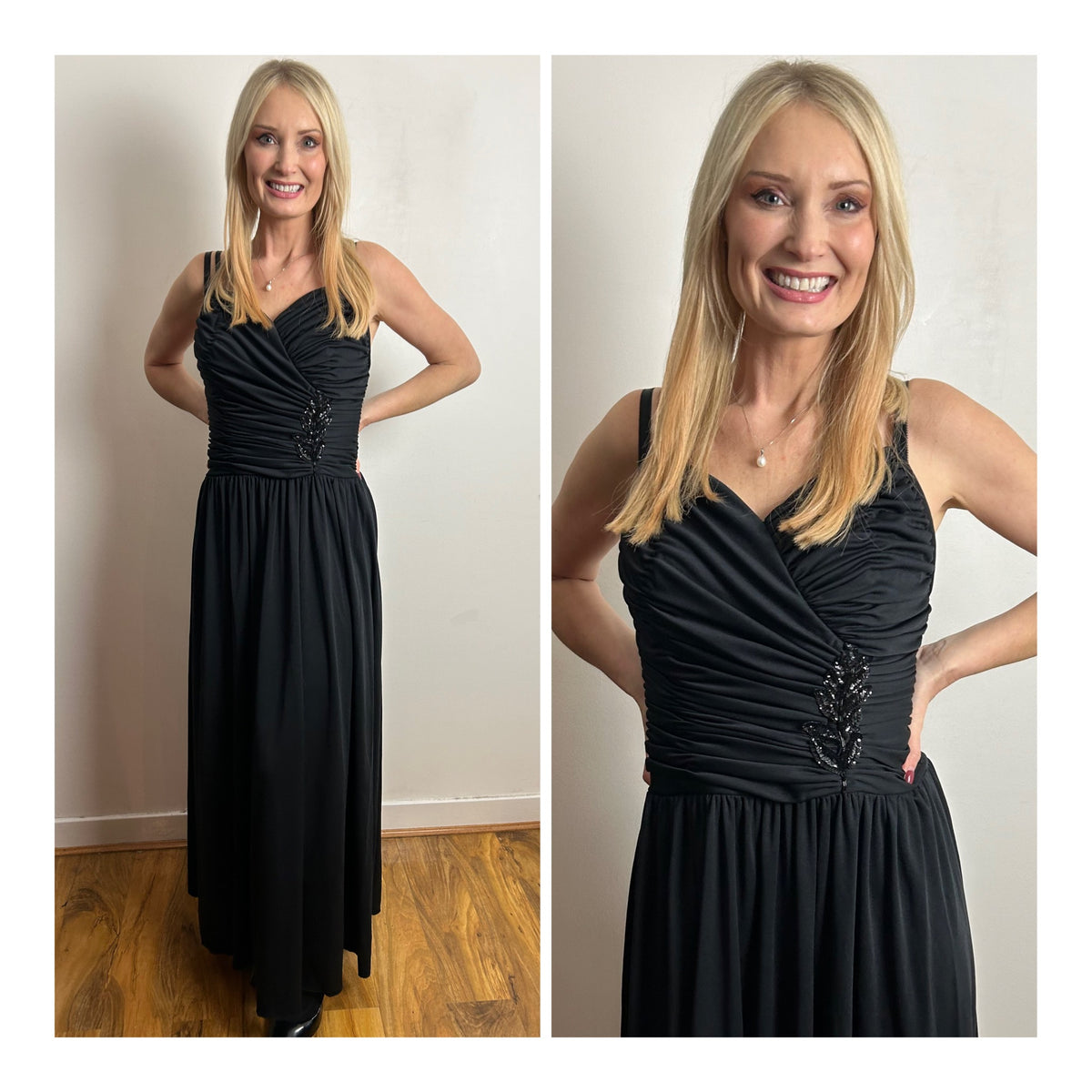 Vintage Late 1970s UK Size 8 Black Ruched & Sequin Detail Evening Occasion Maxi Dress