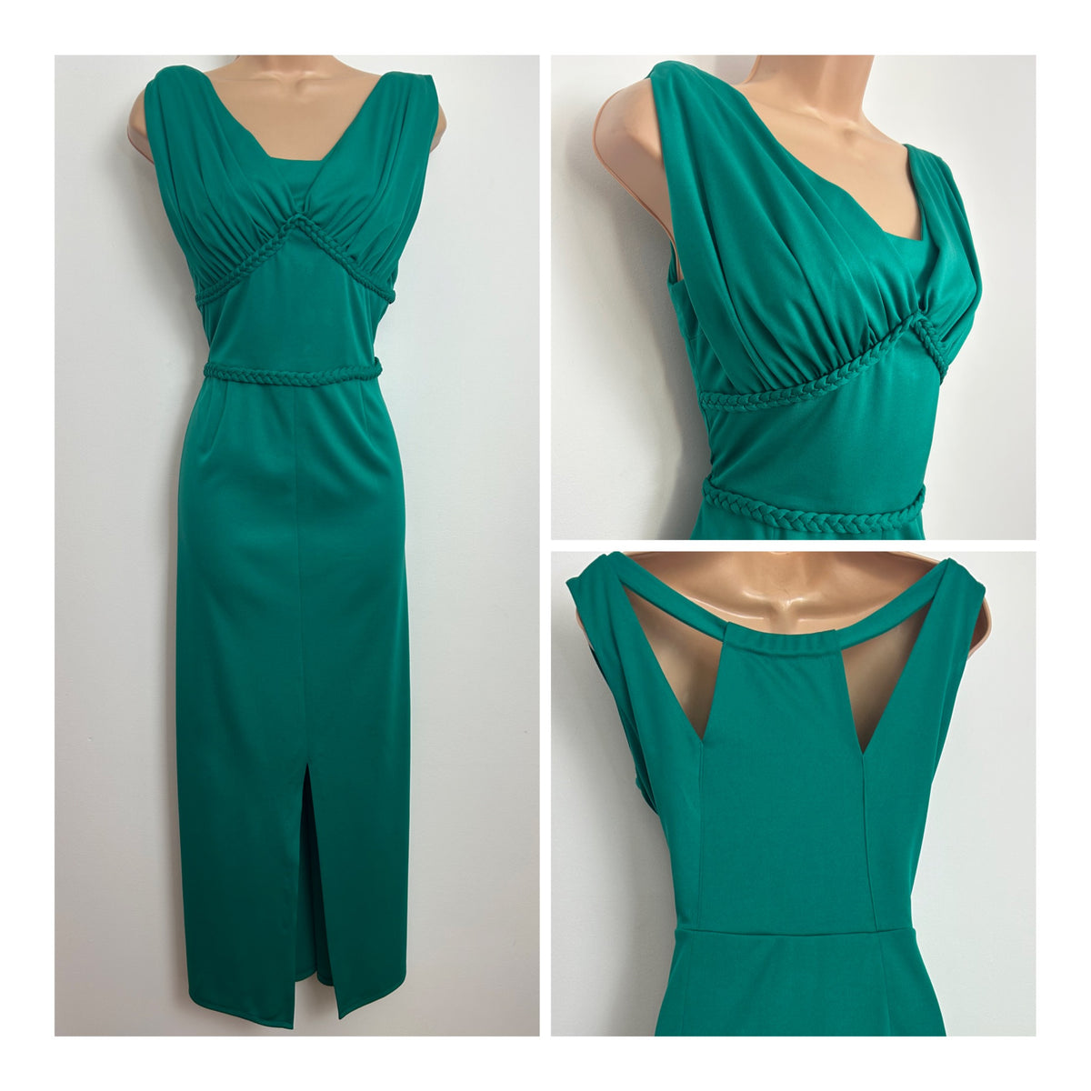 Vintage 1970s Size 10-12 Jade Green Plaited Trim Detail Occasion Midi Dress