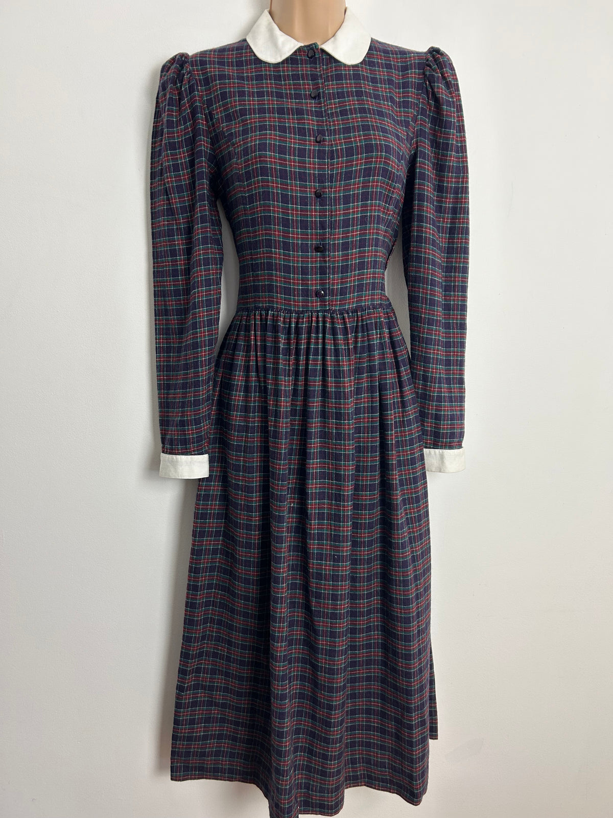 Vintage 1980s LAURA ASHLEY UK Size 8 (10 On Label) Purple Red & Green Tartan Check Print Wool Mix Day Dress