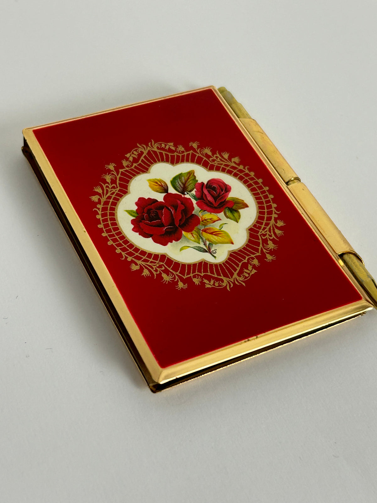 Vintage STRATTON Gold & Red Floral Rose Pocket Notepad Holder & Pen (Please Read)