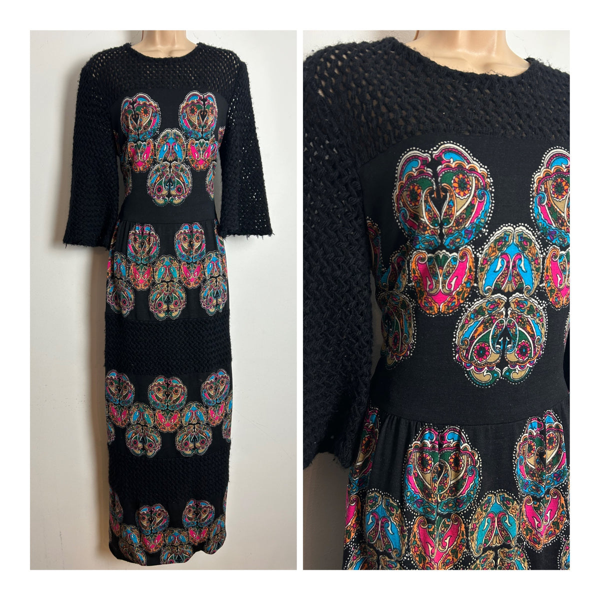 Vintage Early 1970s IRWA Size 12 Black Blue & Pink Nouveau Print Knitted Neck & Sleeves Pure Wool Maxi Dress