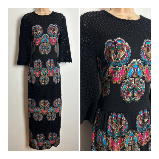Vintage Early 1970s IRWA Size 12 Black Blue & Pink Nouveau Print Knitted Neck & Sleeves Pure Wool Maxi Dress