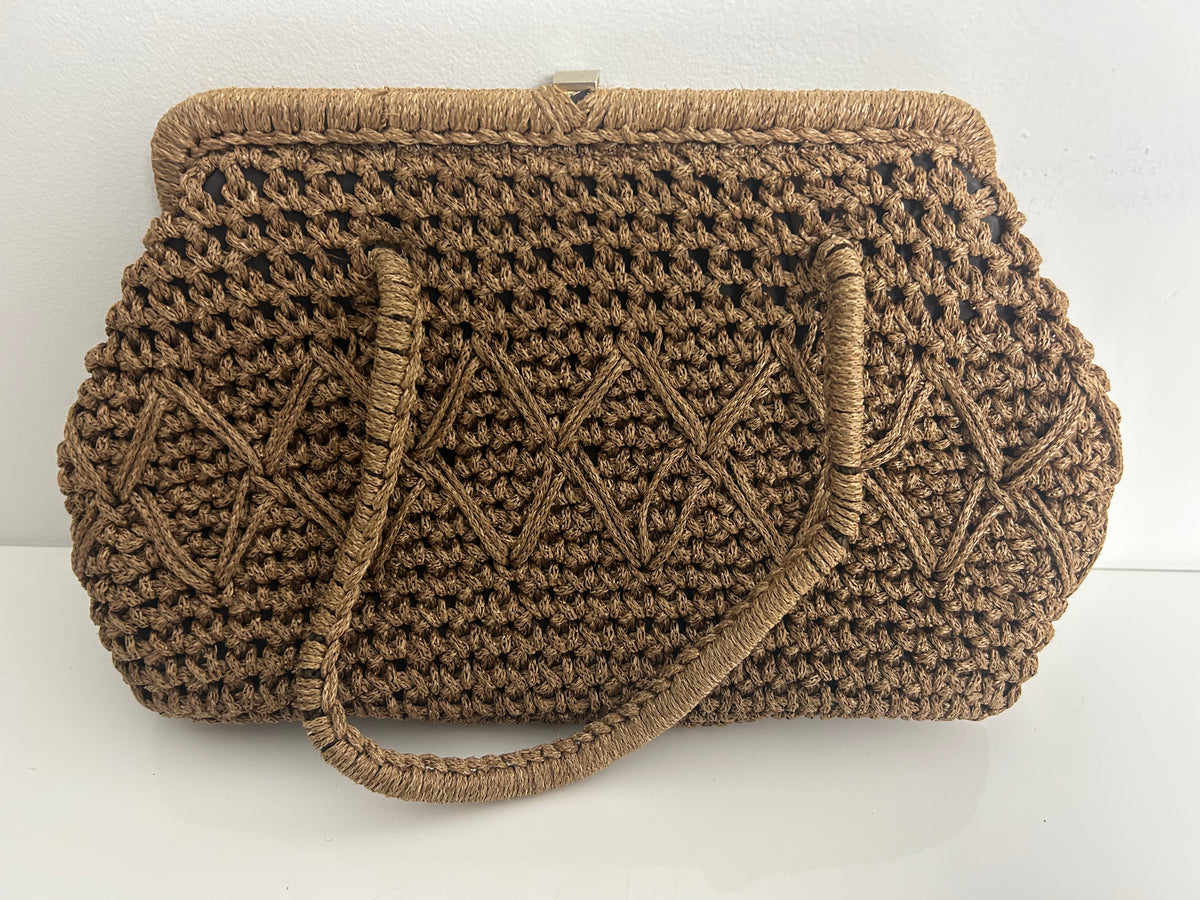 Vintage Late 1950s Pale Brown Woven Raffia Style Double Handle Handbag