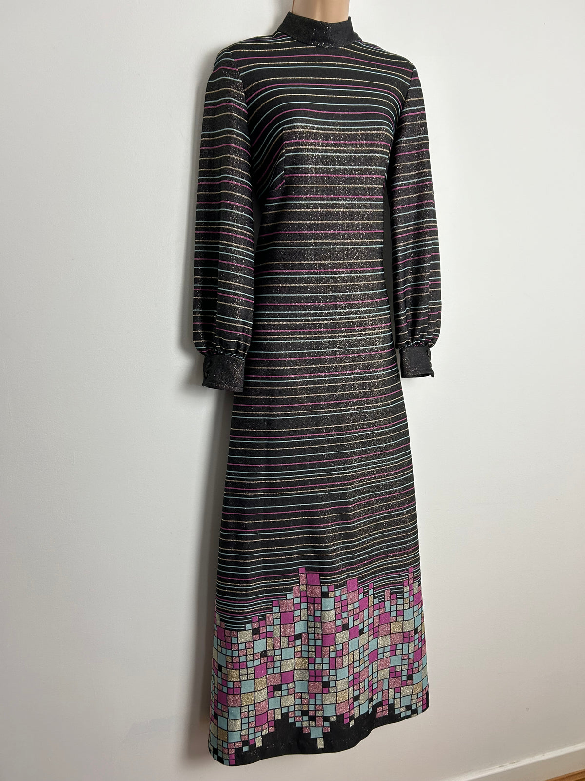 Vintage 1970s UK Size 12 Black Pink Blue Gold & Silver Stripe & Geo Print Lurex Long Sleeve Maxi Dress