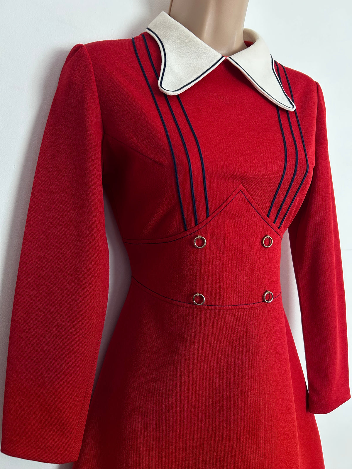 Vintage 1960s UK Size 8 Cute Red Beagle Collar Long Sleeve Mini Mod Dress