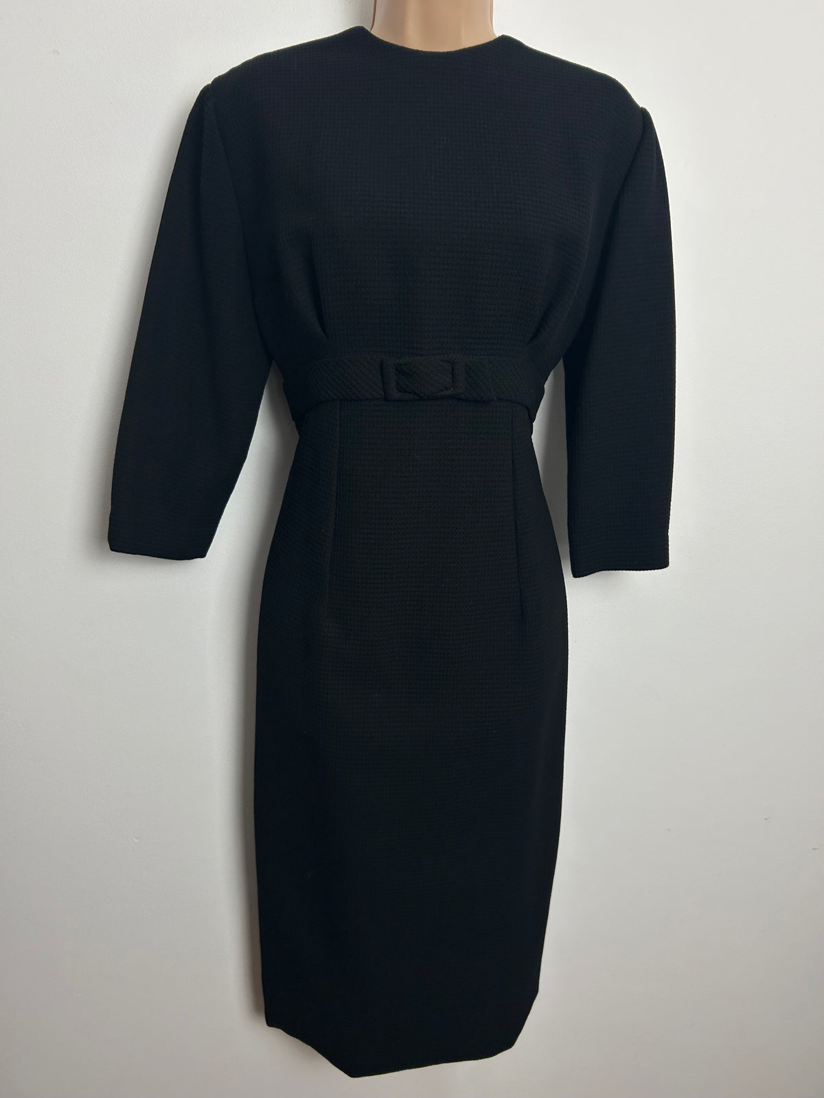 Vintage 1960s Size 10 Black Waffle Texture 3/4 Sleeve Buckle Detail Wiggle Dress