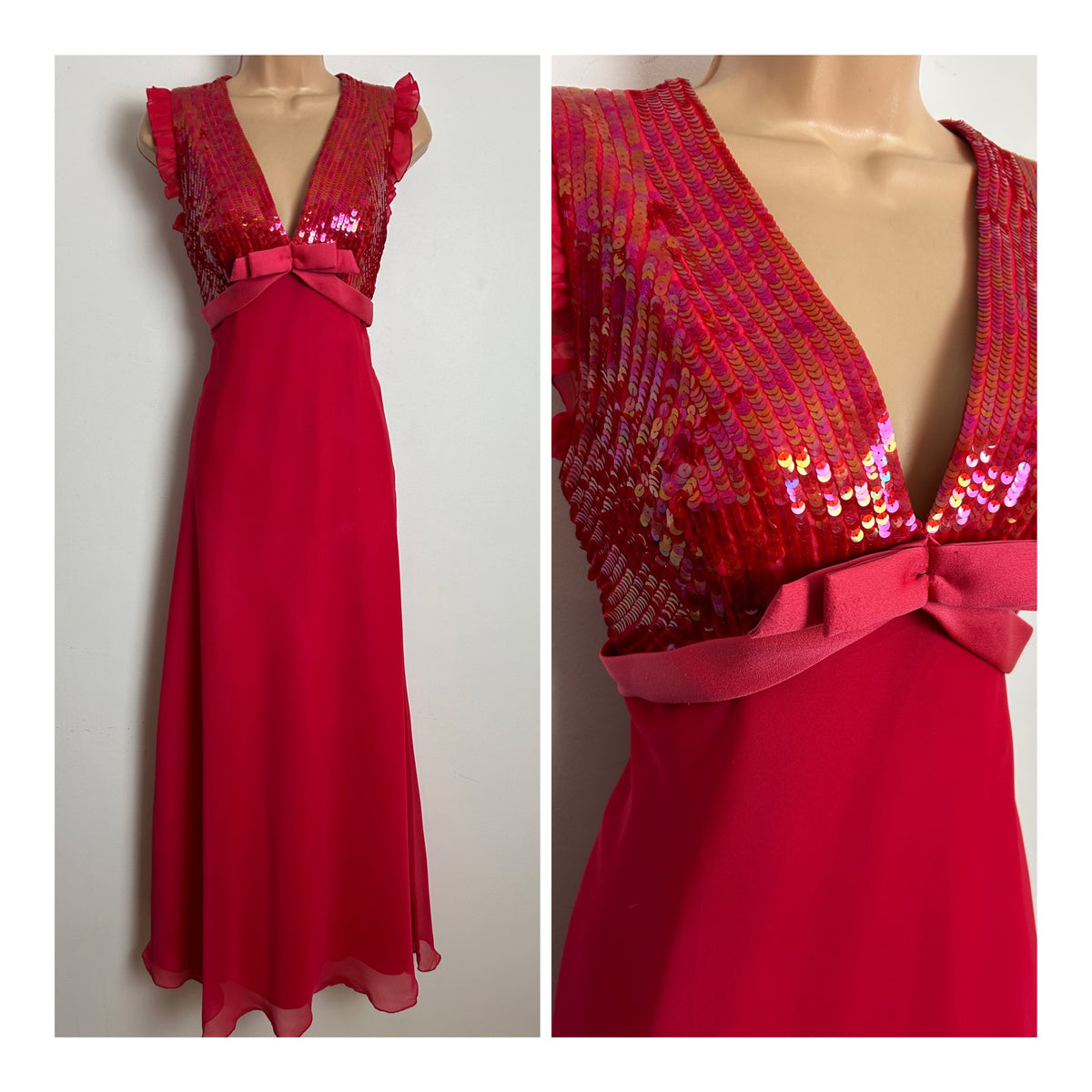Vintage 1970s RADTKE & RADTKE Size 8 Raspberry Sequin Bodice Bow Detail Xmas Party Occasion Maxi Dress