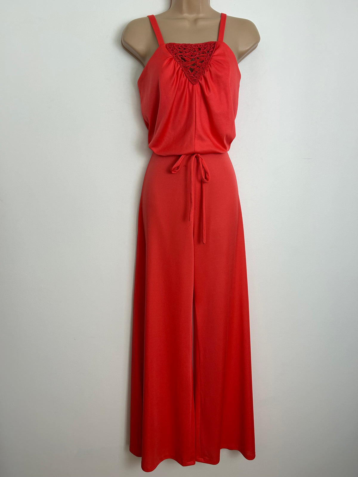 Vintage Late 1970s Size 6 Tangerine Orange Crochet Lace Panel Belted Wide Leg Jumpsuit
