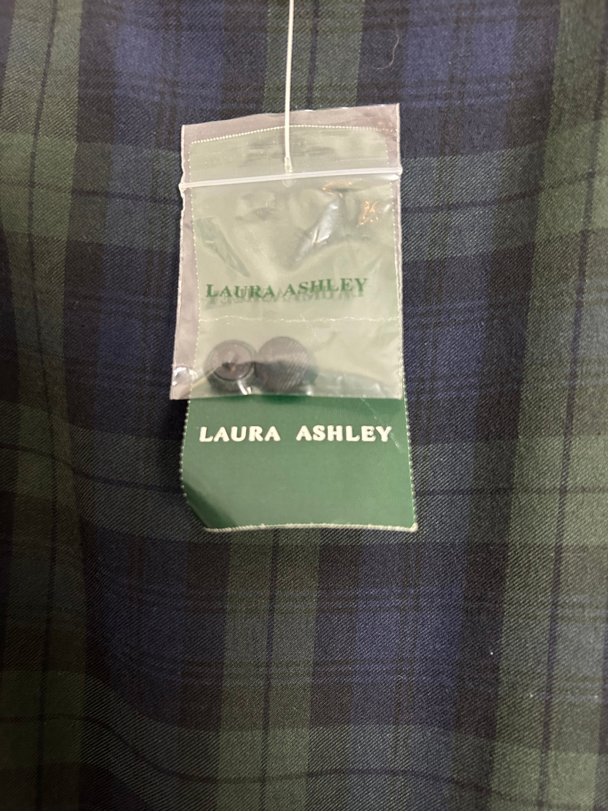 Vintage 1980s LAURA ASHLEY DEADSTOCK Size 14-16 (Size 18 On Label) Dark Blue Green & Navy Blackwatch Tartan Check Midaxi Cotton Dress