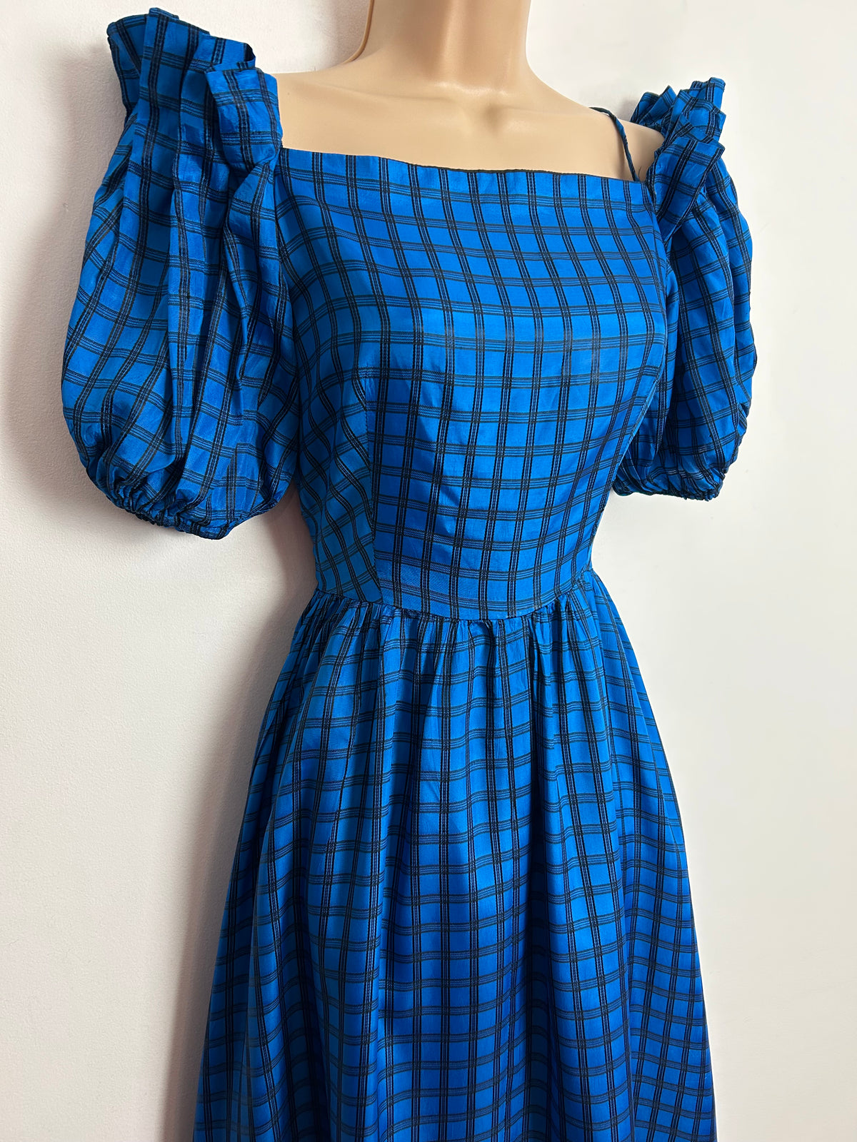 Vintage 1980s NICKI FERRARI UK Size 6 Blue & Black Check Print Pleated Shoulder Puff Sleeve Party Dress
