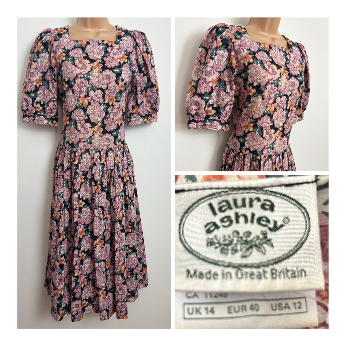 Vintage 1980s LAURA ASHLEY Size 10 Dusky Pink Orange & Green Floral Cotton Tea Dress