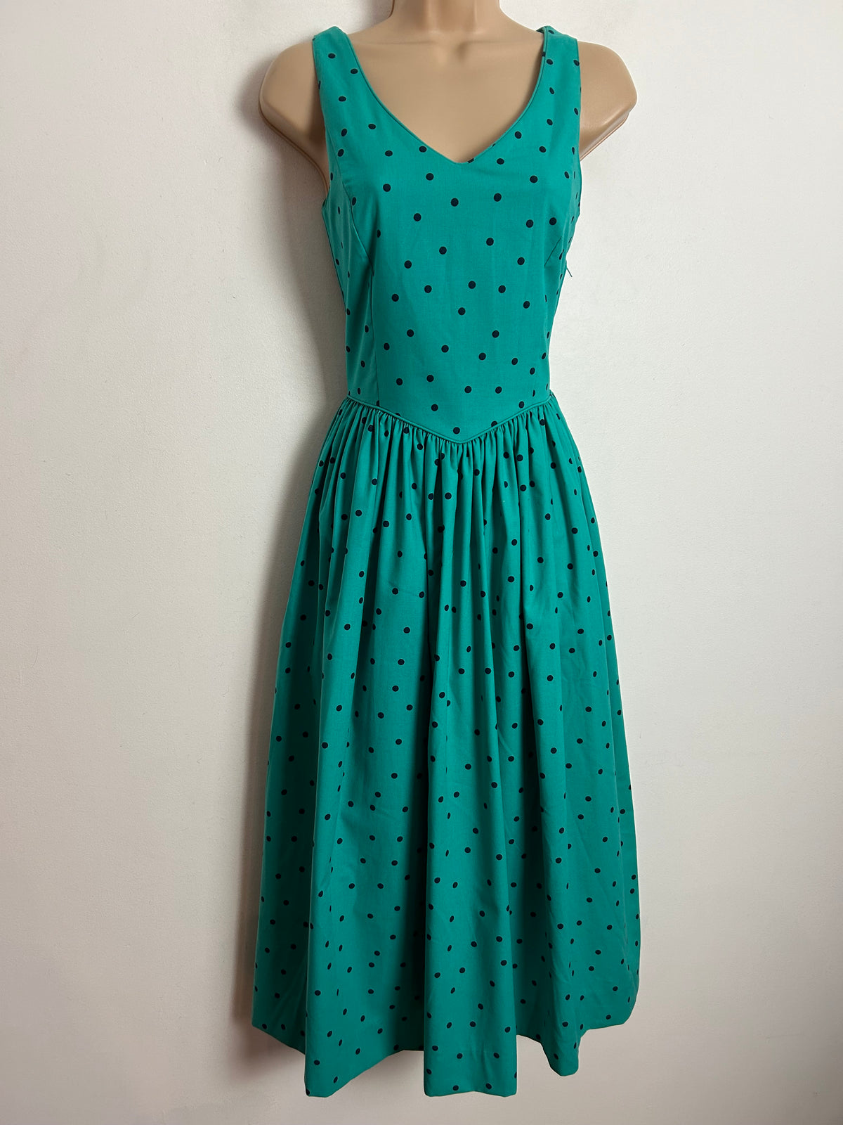 Vintage 80s LAURA ASHLEY UK Size 6-8 (Size 10 On Label) Green & Black Polka Dot Print Cotton Dress & Matching Bolero Jacket