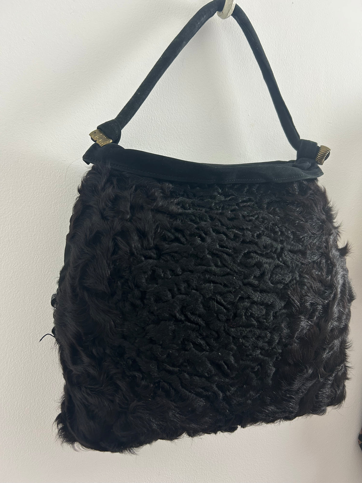 Vintage 1940s Black Persian Lamb & Suede Muff Handwarmer Handbag
