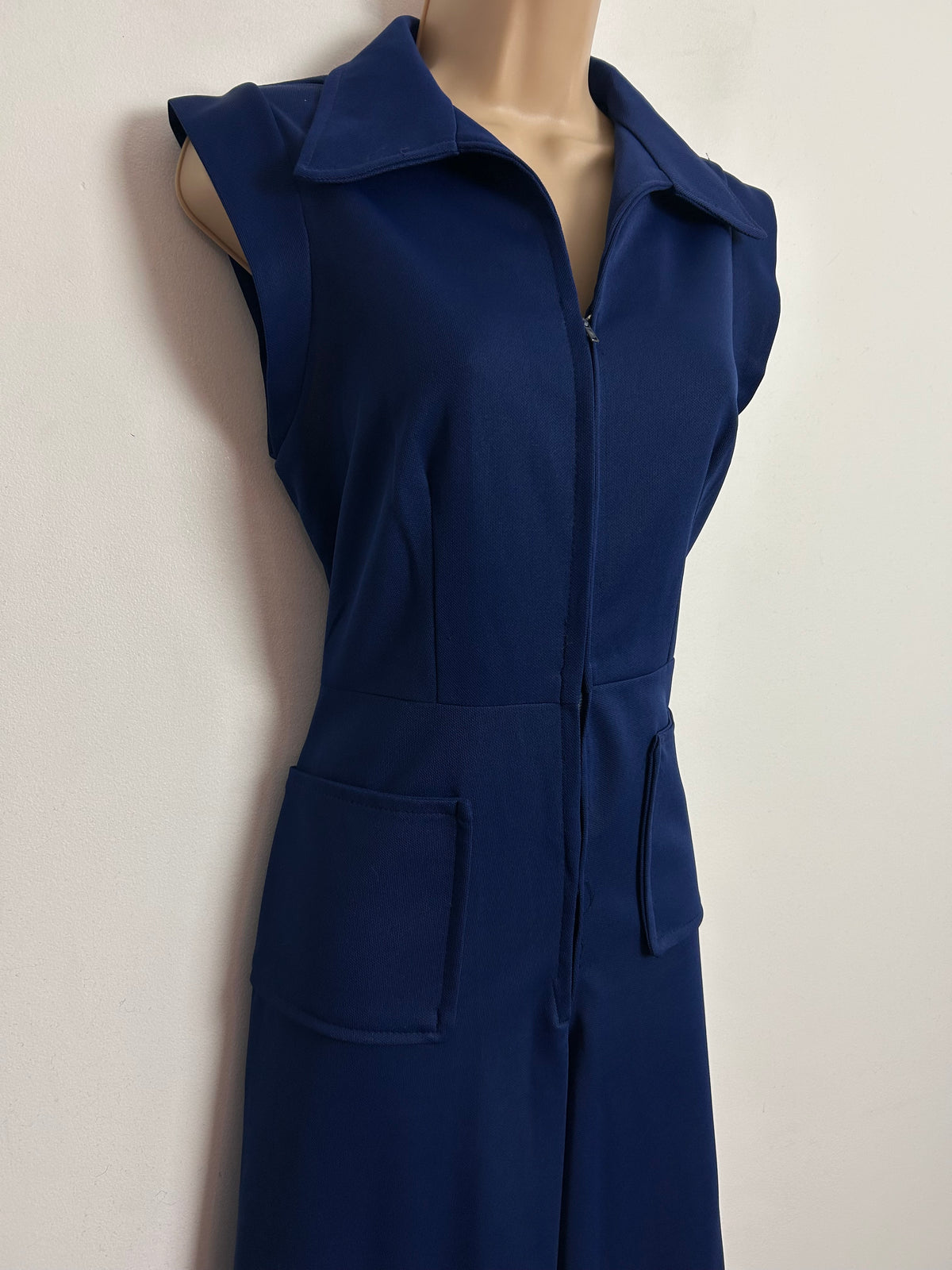 Vintage 1970s UK Size 8 Navy Blue Sleeveless Pocket Detail Wide Leg Zip Front Jumpsuit