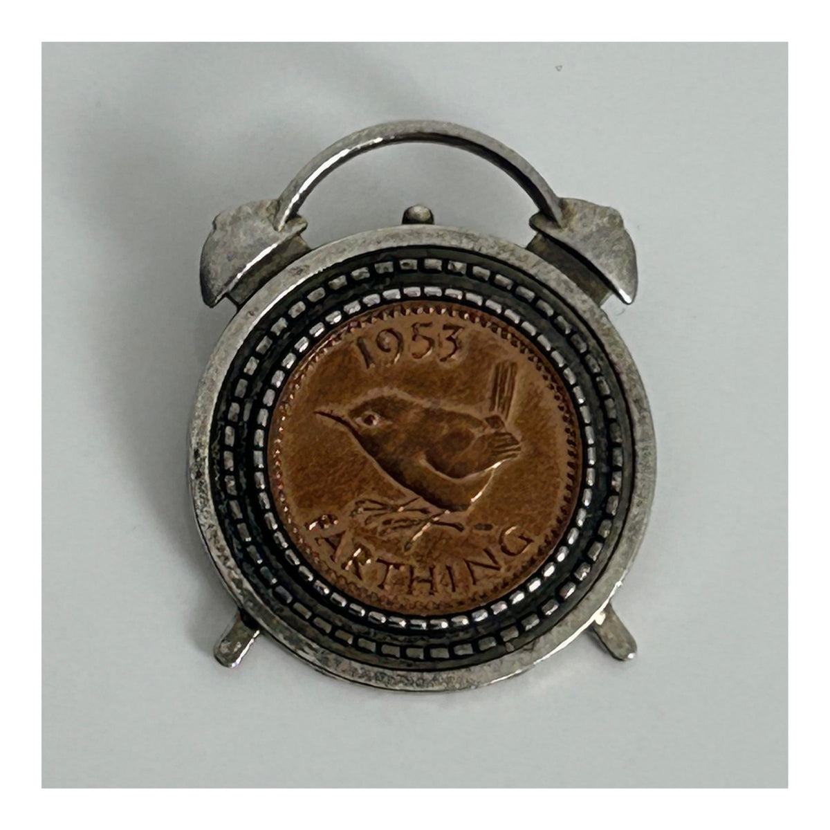 Vintage 1950s RARE Silver Tone 1953 Farthing Coin Set Clock Pin Brooch