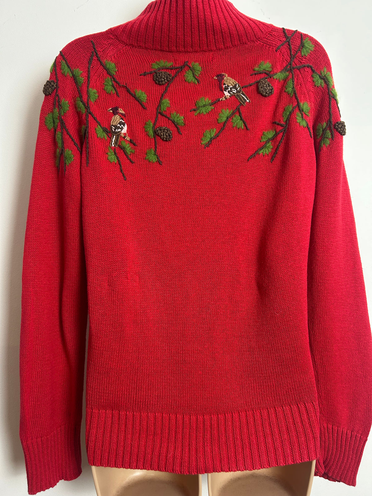 Vintage COLDWATER CREEK Size M Up To 12 Red Cotton Mid Embroidered Bird Woodland Cardigan