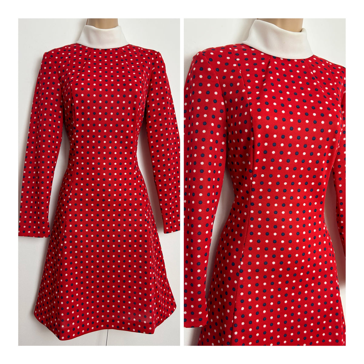 Vintage 1960s Size 8 Cute Red Navy Blue & White Polka Dot Long Sleeve Mod Dress