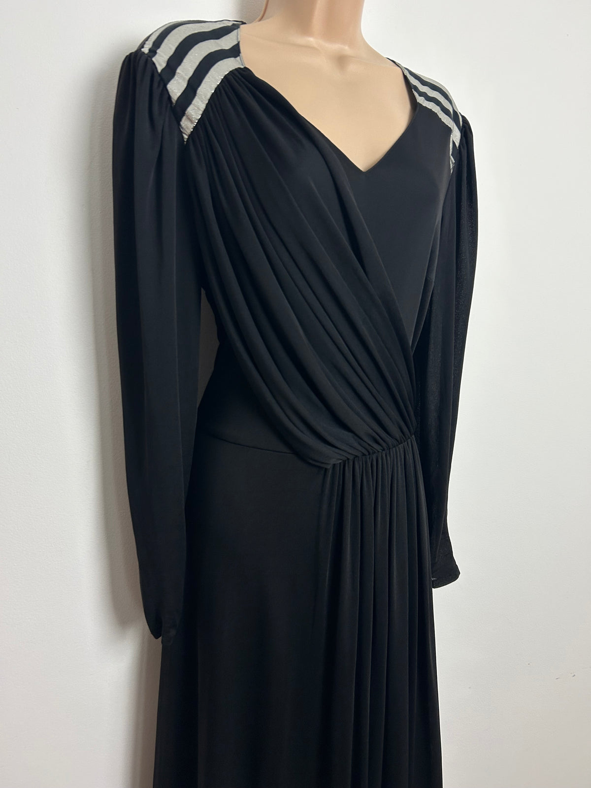 Vintage 1970s VERA MONT PARIS Size 12-14 Black & Silver Stripe Detail Mock Wrap Occasion Evening Maxi Dress