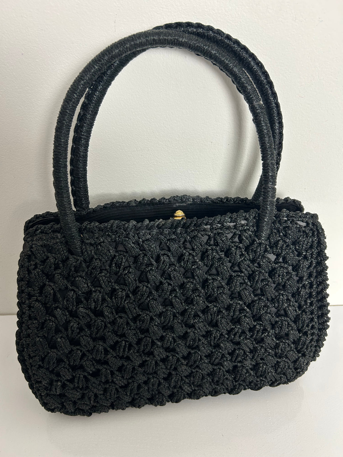 Vintage 1960s Gorgeous Black Crochet Woven Style Top Handle Kelly Style Handbag